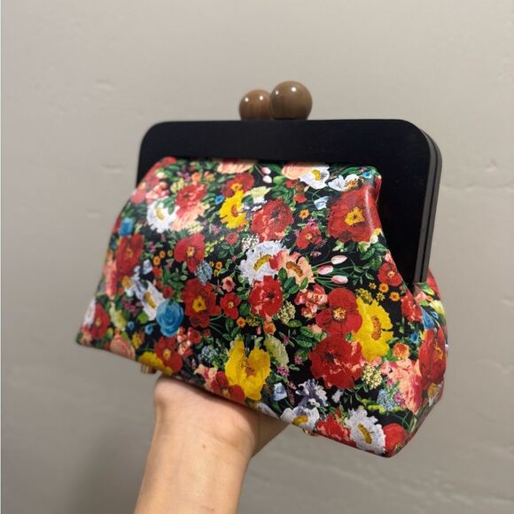 Floral Print Cowhide Leather Handmade Wooden Frame Clutch Bag/Crossbody - Picture 6 of 13